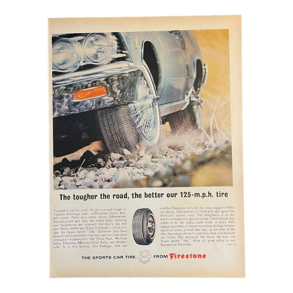 1966 Firestone Tires Super Sport 500 Sports Car Tire Vintage Print Ad Blue Car